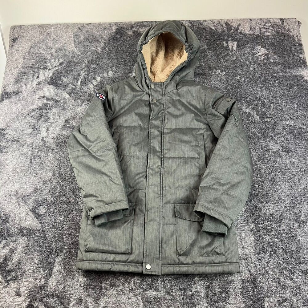Hanna Andersson Sherpa Lined Puffer Jacket Gray Pockets Sz 150 Girls 12 Full Zip
